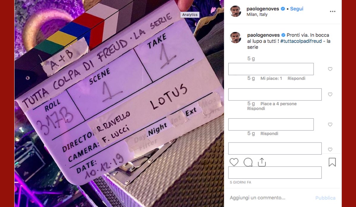 Paolo Genovese è alla regia di Tutta Colpa di Freud La Serie, qui una foto del primo ciak condivisa dallo stesso Genovese sul suo profilo Instagram