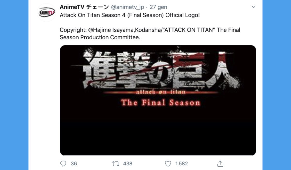 L'attacco dei giganti 4 stagione, logo condiviso su Twitter da AnimeTV チェーン