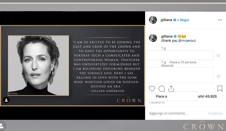 The Crown 4 Gillian Anderson nel cast foto pubblicata sul suo profilo Instagram ufficiale