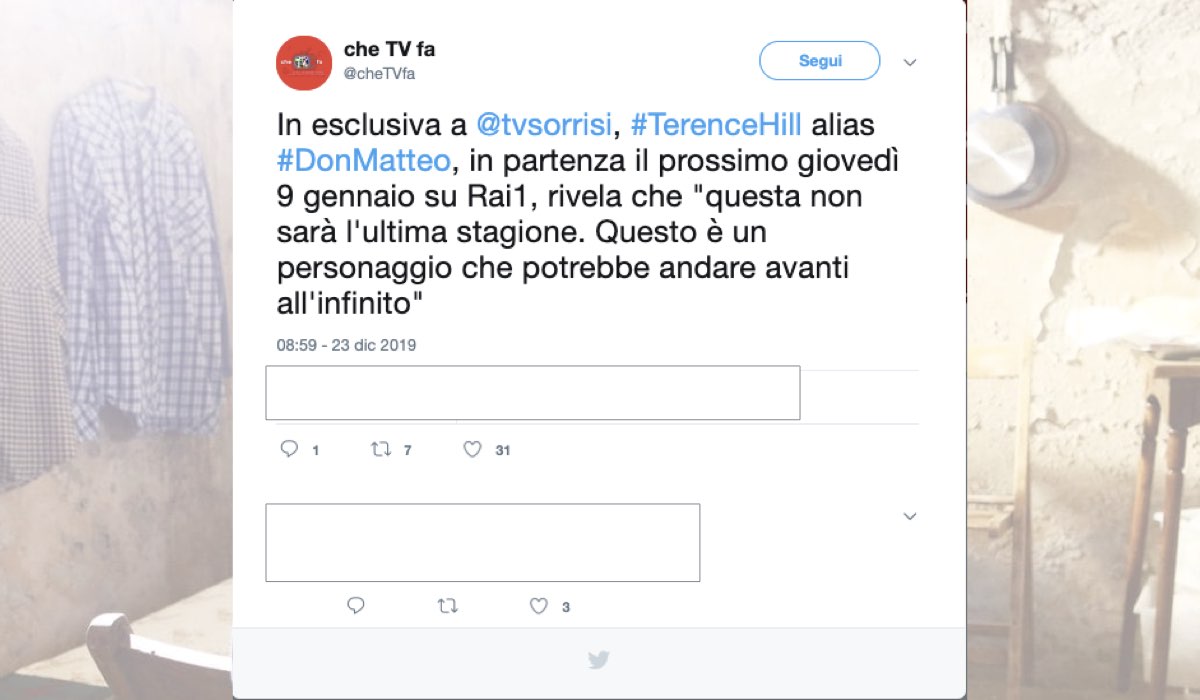 Don Matteo 12 non è l'ultima stagione Tweet pubblicato da CheTvFa il 23 dicembre 2019