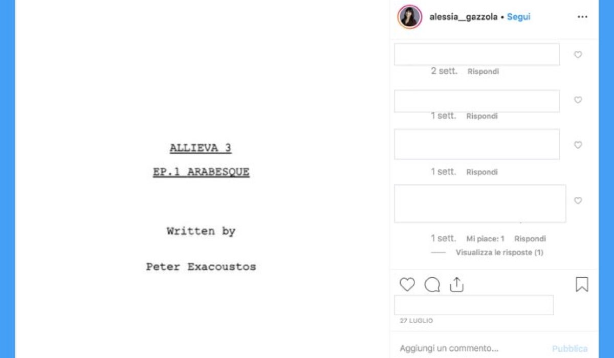 L'Allieva 3 foto del copione pubblicata da Alessia Gazzola il 27 luglio 2019 sul suo profilo Instagram