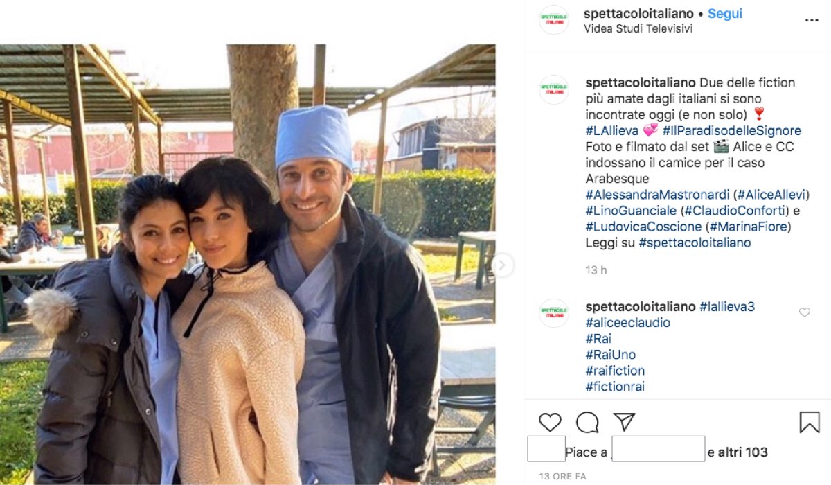 Alessandra Mastronardi, Ludovica Coscione e Lino Guanciale durante le riprese de L'Allieva 3 e Il Paradiso delle Signore 4, foto condivisa sul suo profilo Instagram da Lo Spettacolo Italiano