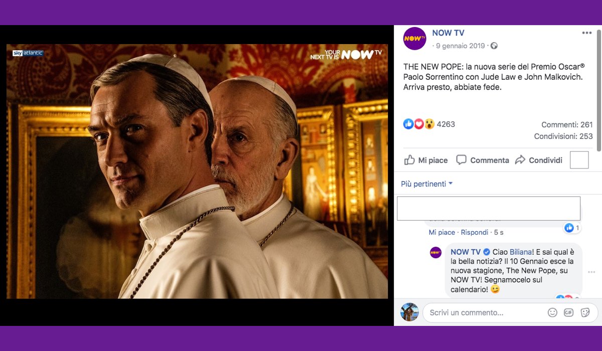 The New Pope su Sky Atlantic da venerdì 10 gennaio 2020, qui foto pubblicata sul profilo verificato di NOW TV Credits SKY