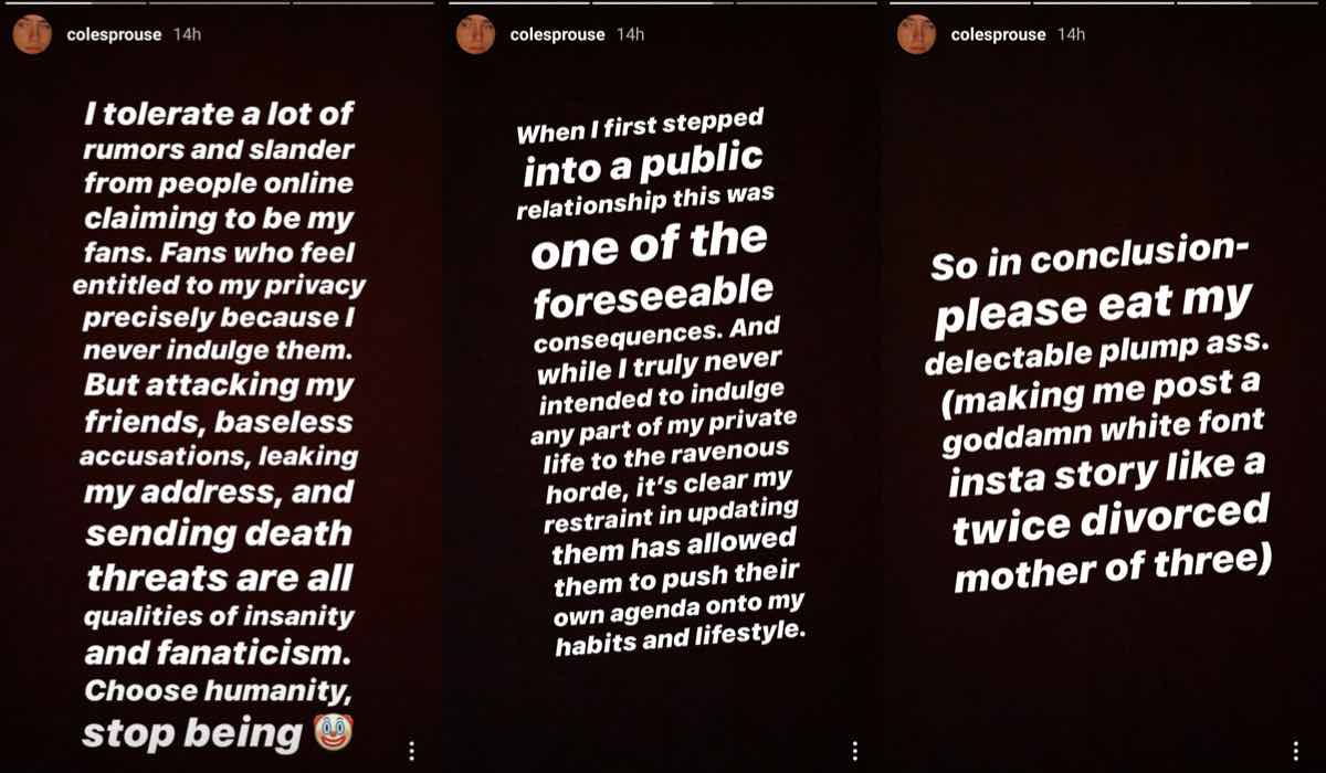Cole Sprouse risponde ai rumour su Lili Reinhart e Kaia Gerber credits Instagram Story @colesprouse