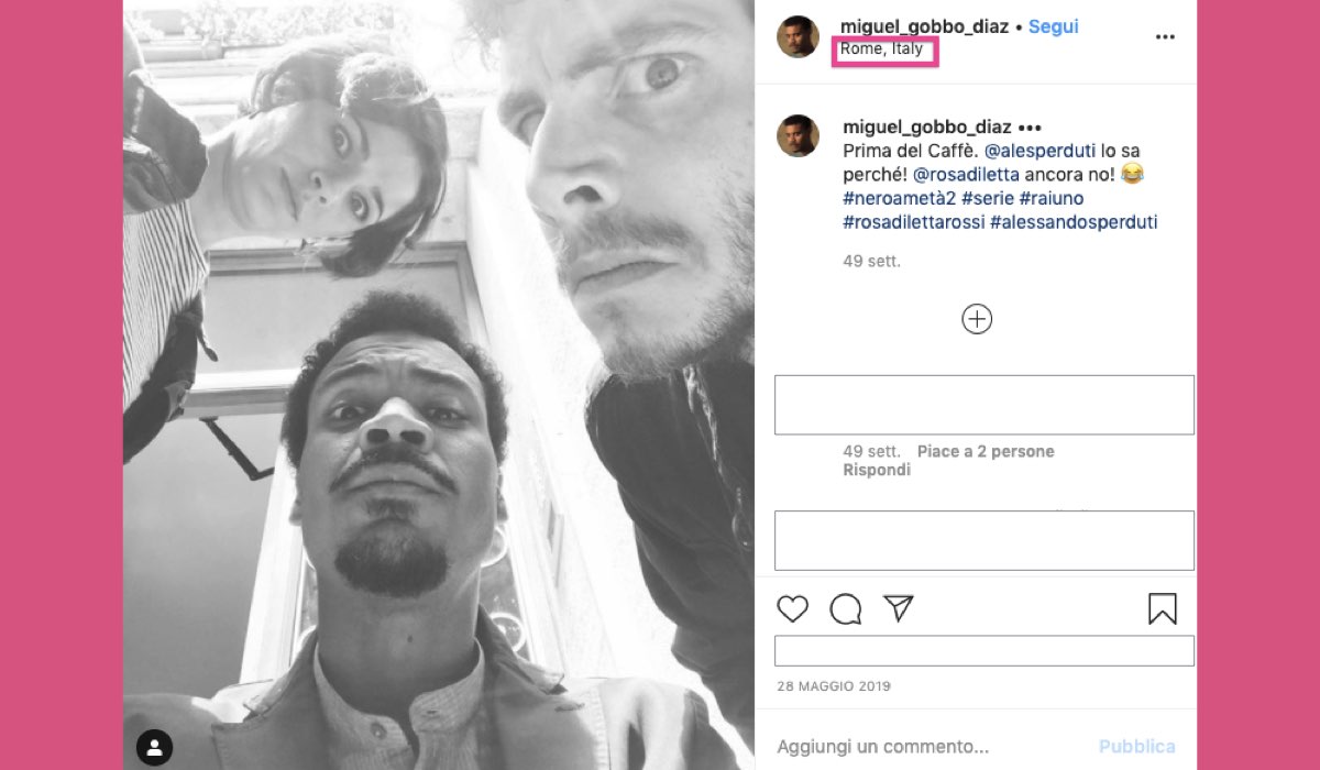 Nero a metà 2 stagione girata a Roma foto condivisa su Instagram da Miguel Gobbo Diaz