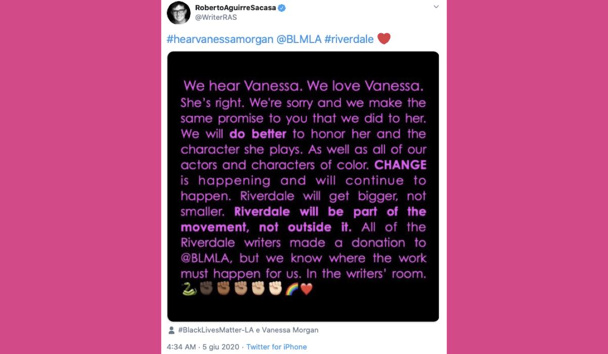 Roberto Aguirre Sacasa risponde a Vanessa Morgan credits Twitter via @WriterRAS