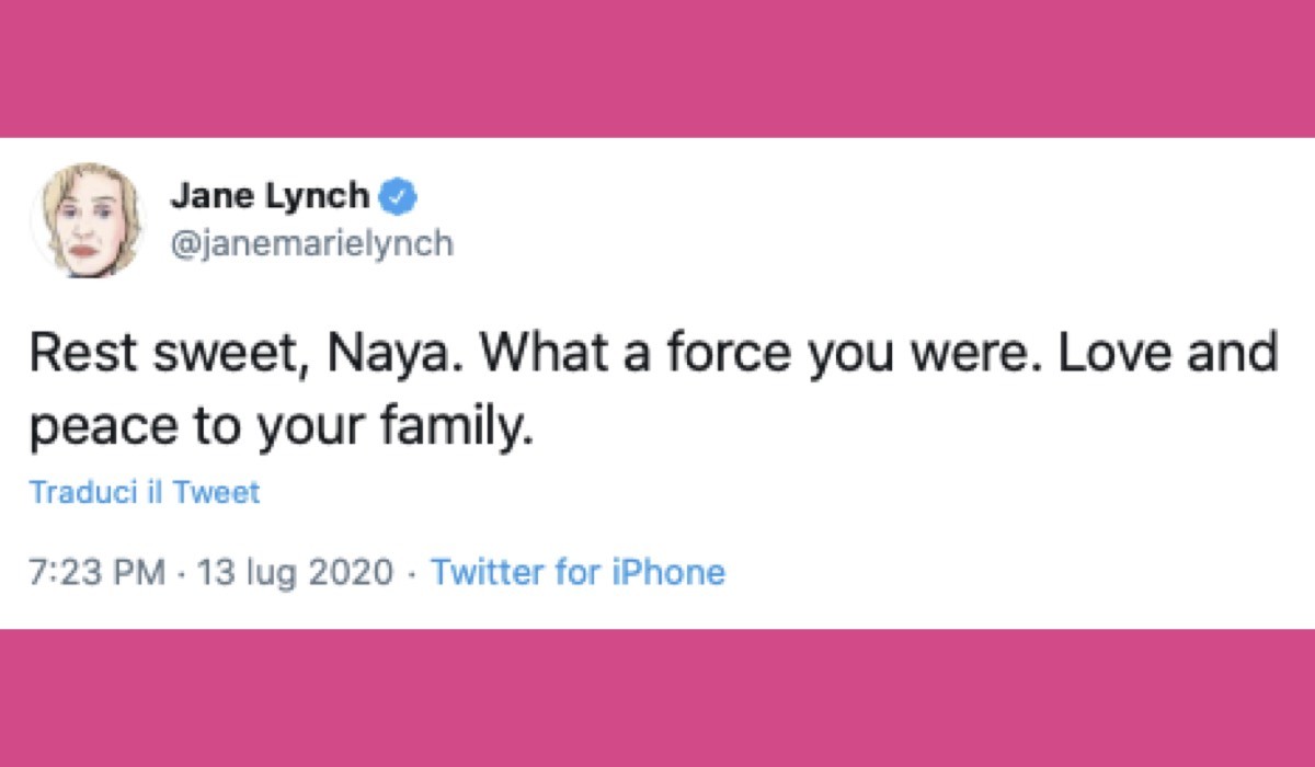 Jane Lynch Tweet su Naya Rivera credits Twitter via @janemarielynch