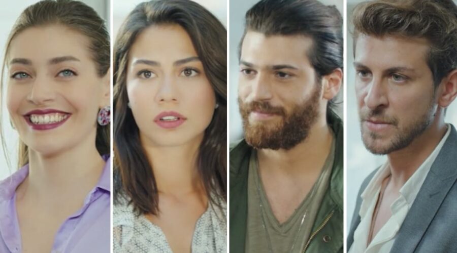 Öznur Serçeler, Demet Özdemir, Can Yaman e Birand Tunca sono Leyla, Sanem, Can e Emre in Daydreamer Le Ali Del Sogno Credits Mediaset