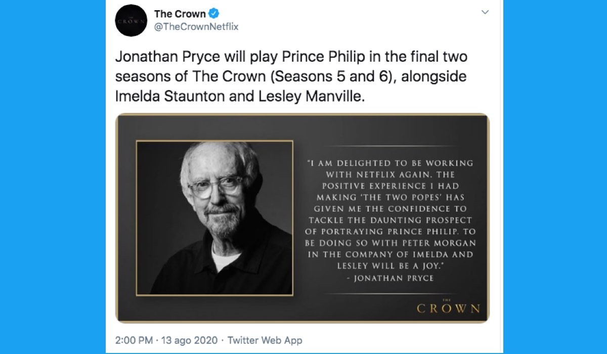 Jonathan Pryce interpreta il Principe Filippo in The Crown 5 e 6, qui un Tweet dell'account ufficiale della serie