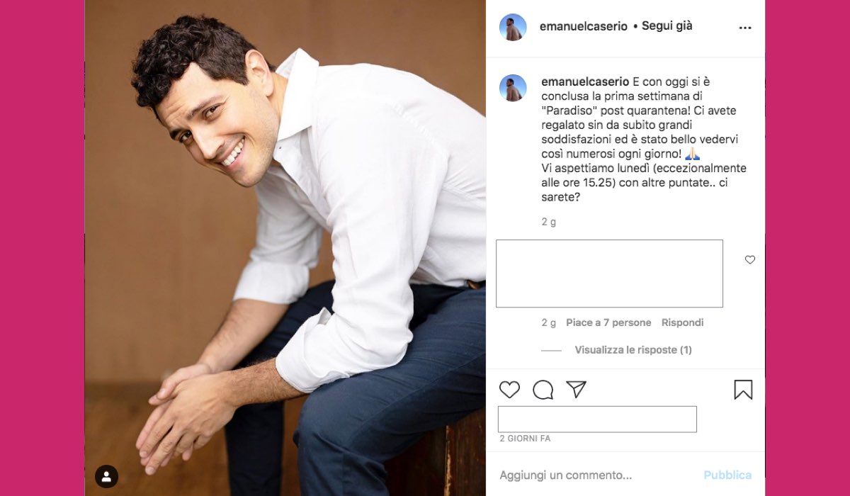 Foto pubblicata da Emanuel Caserio sul suo profilo Instagram venerdì 11 settembre 2020 in cui conferma il cambiamento di orario de Il Paradiso delle Signore 4 lunedì 14 settembre 2020