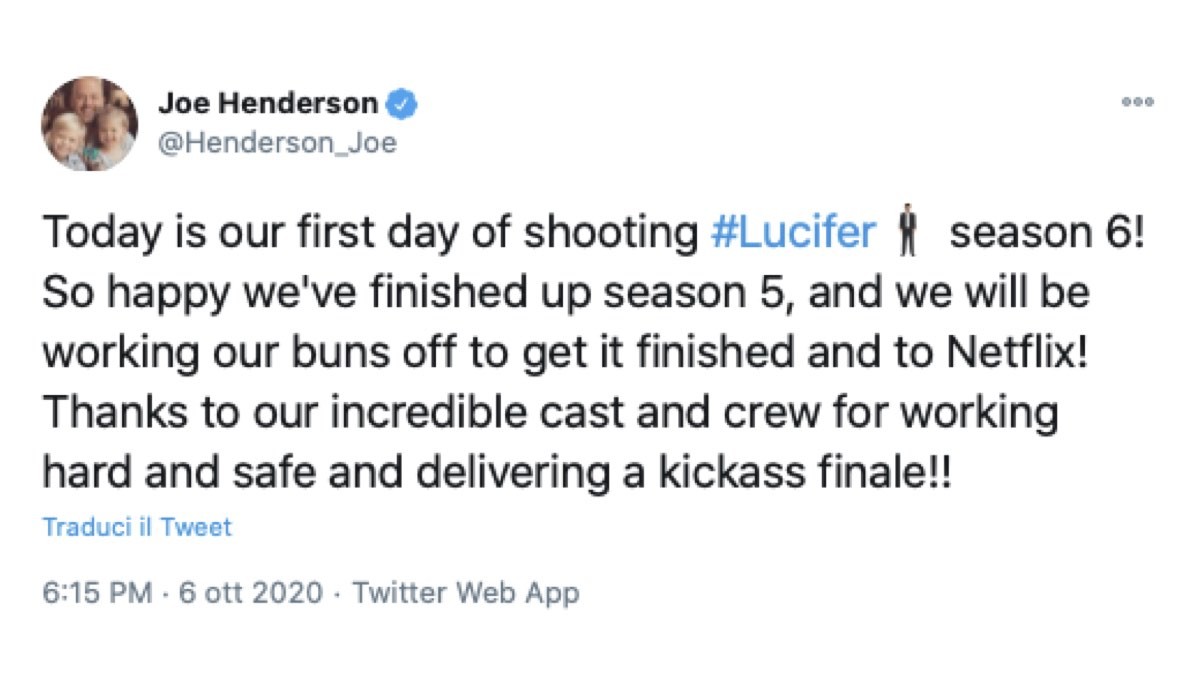 Joe Henderson tweet Lucifer 6 riprese credits Twitter via @Henderson_Joe