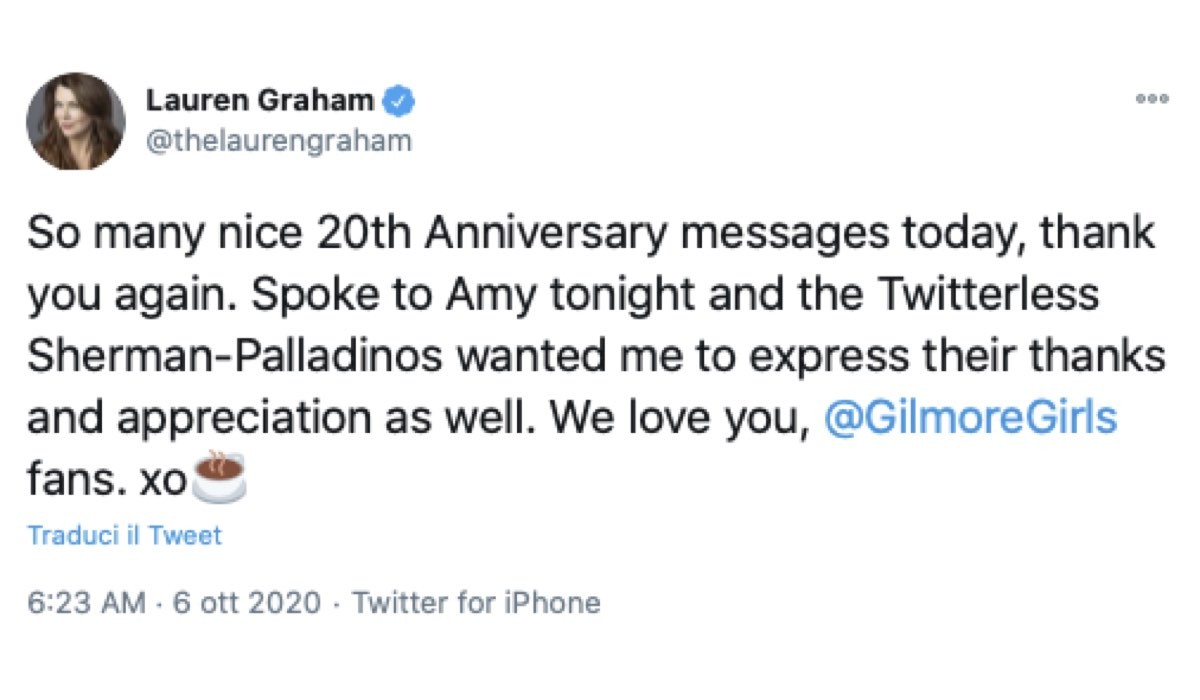 Lauren Graham tweet 20 anni Una Mamma Per Amica credits Twitter @thelaurengraham
