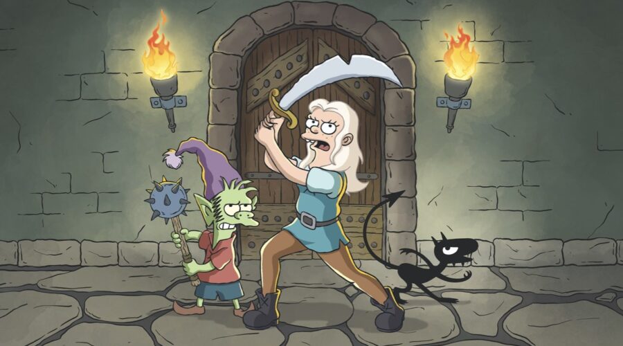 Disincanto: un'immagine della serie con Elfo, Bean e Luci. Credits: Netflix.