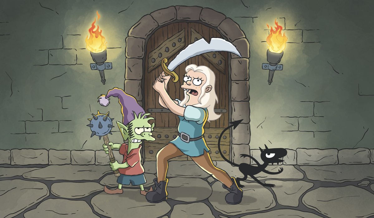 Disincanto: un'immagine della serie con Elfo, Bean e Luci. Credits: Netflix.