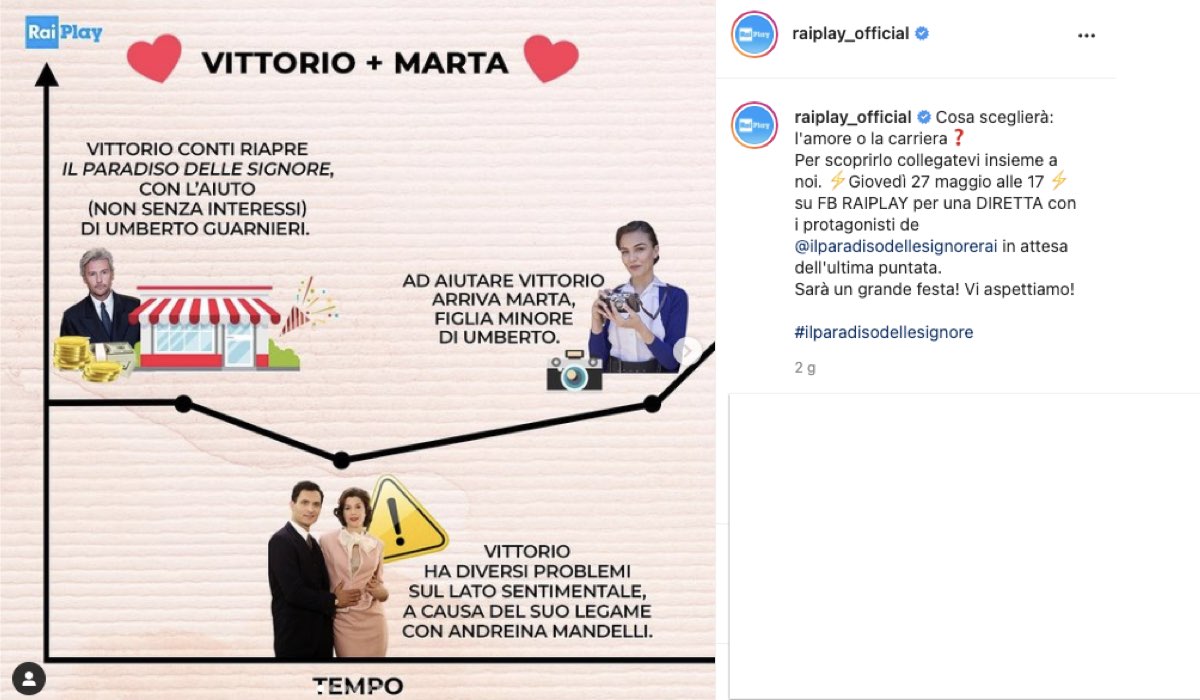 Il Paradiso delle Signore 5: l'annuncio della diretta con i protagonisti e il primo recap di Marta e Vittorio. Credits: Instagram/RaiPlay