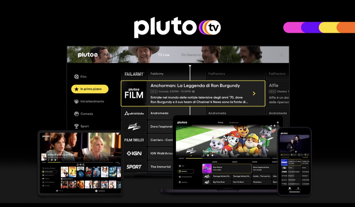 Pluto TV, l'interfaccia del servizio streaming. Credits: ViacomCBS Italia.