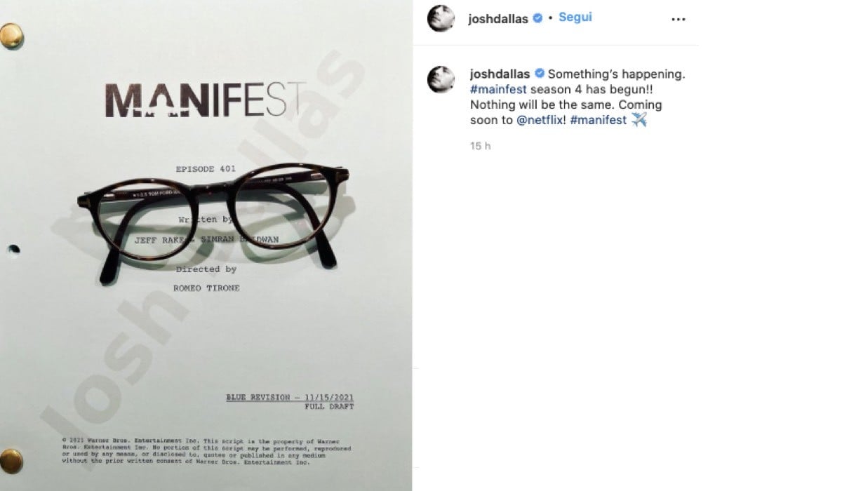 Iniziate Le Riprese Di Manifest 4. Credits: Instagram Via @joshdallas