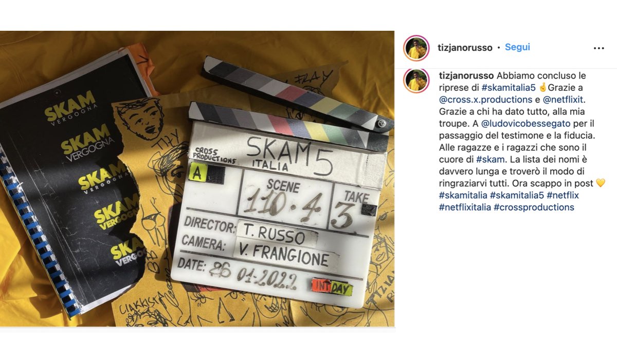 skam italia 5 stagione riprese terminate post di tiziano russo via instagram