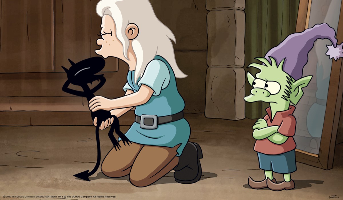 Da sinistra: Luci, Bean ed Elfo in una scena della quarta parte di “Disincanto”. Credits: Courtesy of Netflix.