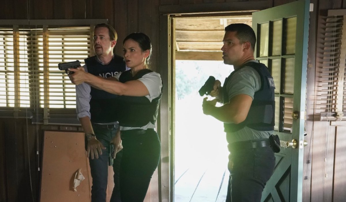 From Left Katrina Law (Jessica), Sean Murray (Timothy McGee) and Wilmer Valderrama (Nicholas ) In a scene from 