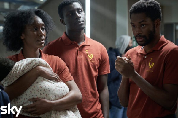 “Unwanted”, da sinistra: Marem (Reshny Massaka), Joseph (Amadou Mbow) e Daniel (Jason Derek Prempeh) a bordo della Orizzonte. Credits: Francesca Cassaro/Sky.