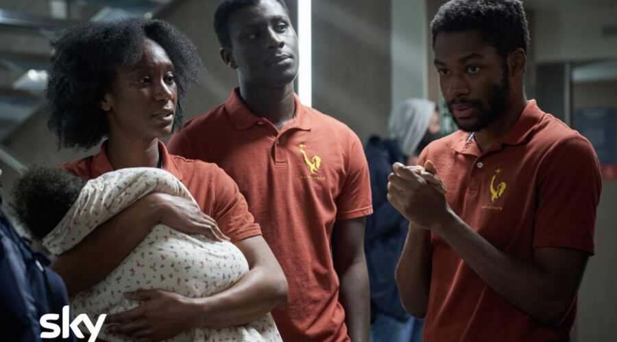 “Unwanted”, da sinistra: Marem (Reshny Massaka), Joseph (Amadou Mbow) e Daniel (Jason Derek Prempeh) a bordo della Orizzonte. Credits: Francesca Cassaro/Sky.