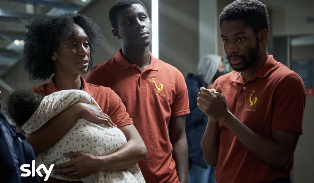 “Unwanted”, da sinistra: Marem (Reshny Massaka), Joseph (Amadou Mbow) e Daniel (Jason Derek Prempeh) a bordo della Orizzonte. Credits: Francesca Cassaro/Sky.