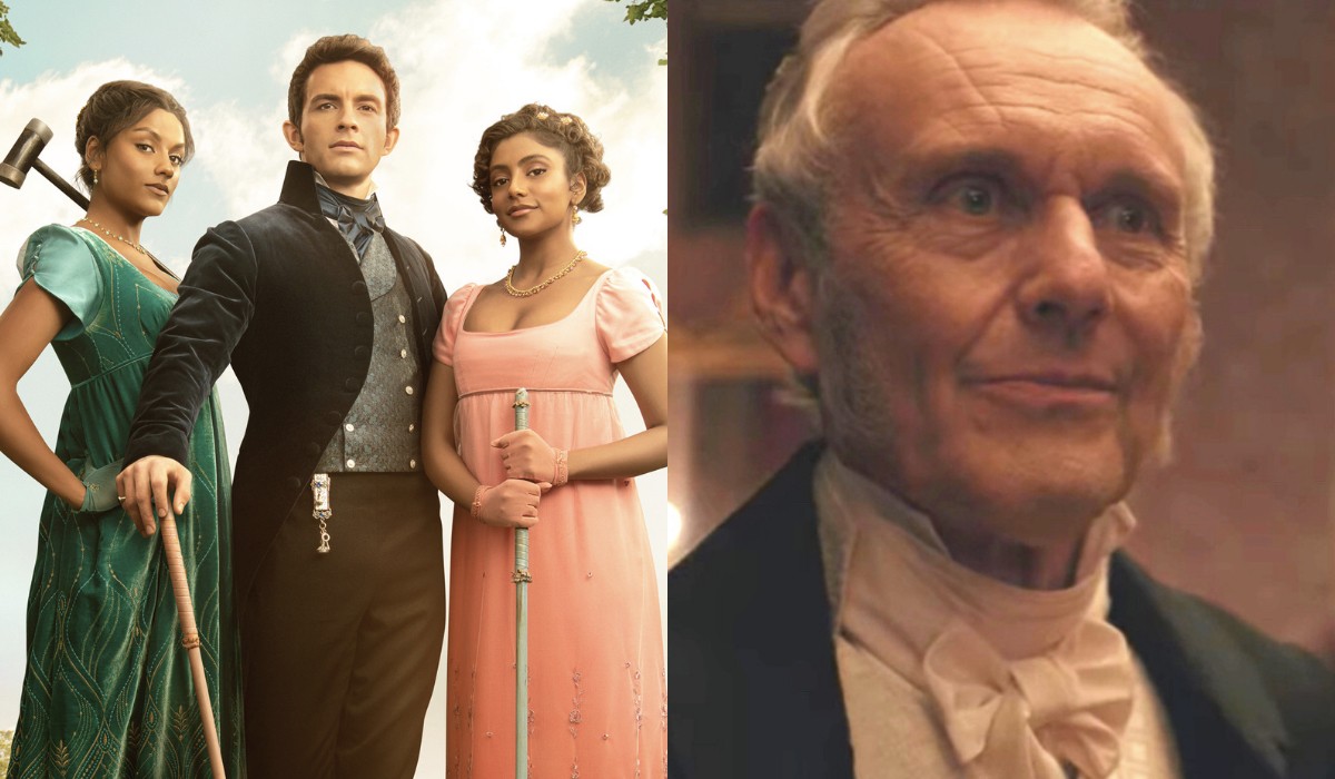 Da sinistra: il poster della seconda stagione di “Bridgerton”; a destra: Anthony Head nel sesto episodio. Credits: Cattura schermo/Netflix.