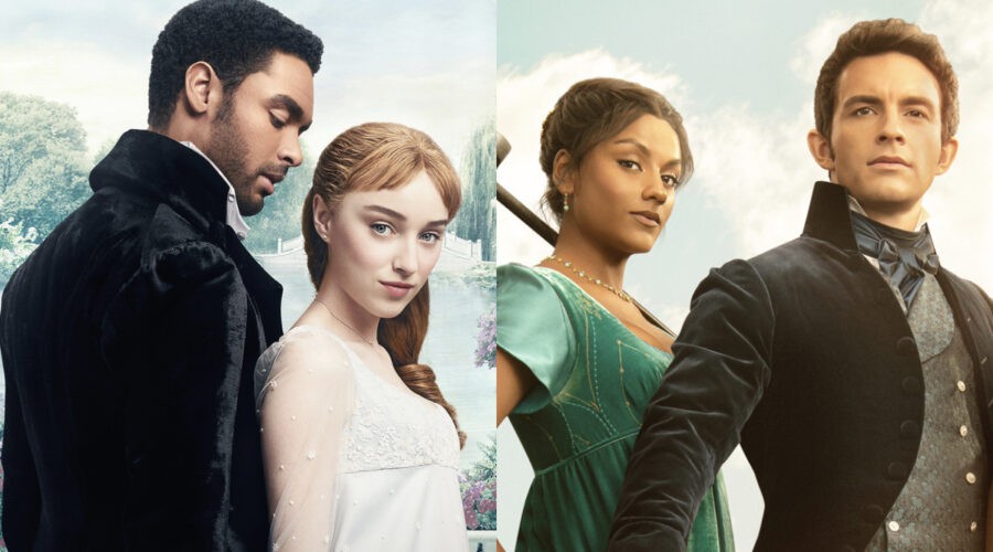 Da sinistra: il poster della prima e quello della seconda stagione di “Bridgerton”. Credits: Netflix.