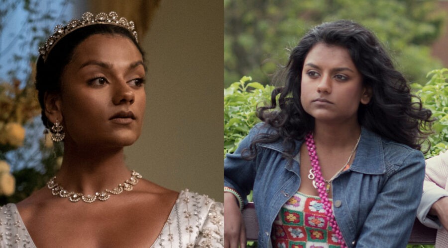Da sinistra: Simone Ashley in “Bridgerton”, a destra: l'attrice nel ruolo di Olivia in “Sex Education”. Credits: Liam Daniel/Netflix.