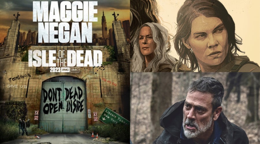Da sinistra: la key art di “Isle of the Dead”. A destra in alto: Lauren Cohan nel poster di “The Walking Dead 11B” e Jeffrey Dean Morgan in una scena della stagione 11. Credits: AMC/Disney Plus.