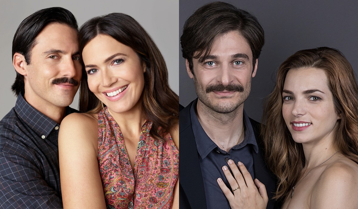 Da sinistra: Jack e Rebcca in “This Is Us”, a destra: Pietro e Rebecca in “Noi”. Credits: 20th TV/Fox/Rai Fiction/Cattleya.