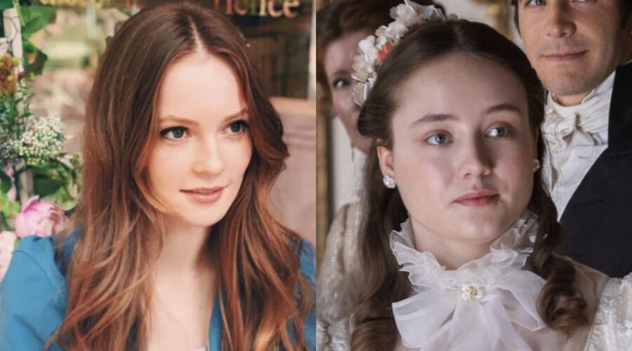 A sinistra: Hannah Dodd in uno scatto pubblicato su Instagram. A destra, Francesca Bridgerton, interpretata da Ruby Stokes, in una scena dell'episodio 1 della seconda stagione di “Bridgerton”. Credits: Liam Daniel/Netflix/@hannahfkdodd/Instagram.