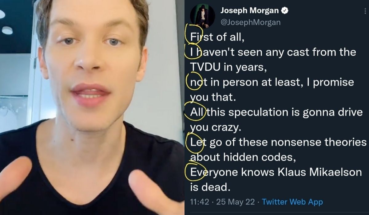 Joseph Morgan nel video diffuso su Twitter. A destra: il suo tweet. Credits: Joseph Morgan/Twitter.