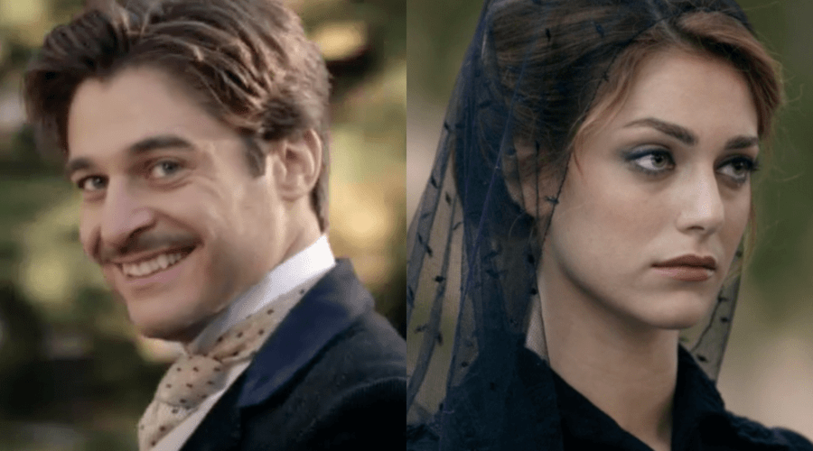 Da sinistra: Lino Guanciale (Conte Guido Fossà) e Miriam Leone (Contessa Clara Grandi) in due scene de 