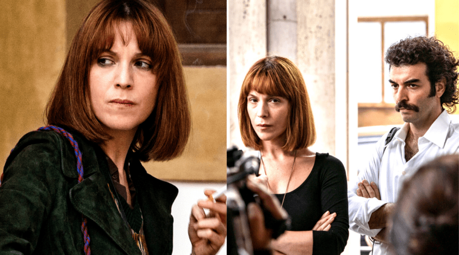 Da sinistra: Isabella Ragonese (Letizia Battaglia) da sola e a destra con Federico Brugnone (Franco Zecchin) in una scena di
