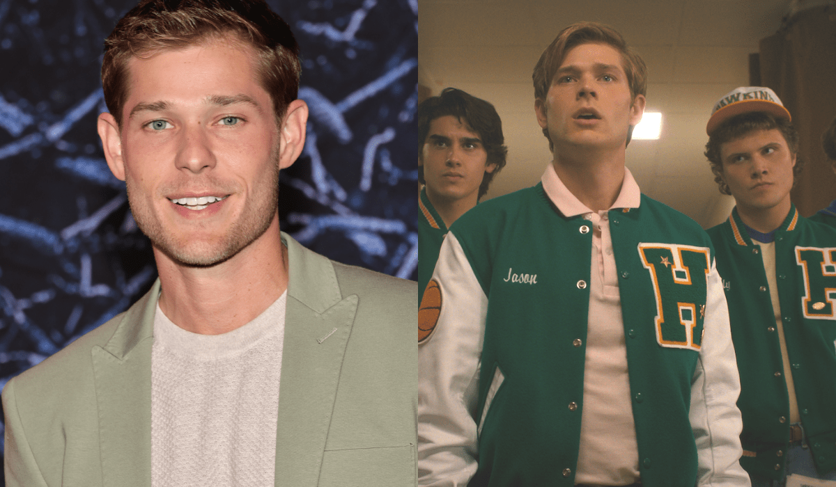 Da sinistra: Mason Dye alla première di “Stranger Things 4”. A destra: Jason in una scena della serie. Credits: Getty Images for Netflix/Netflix.