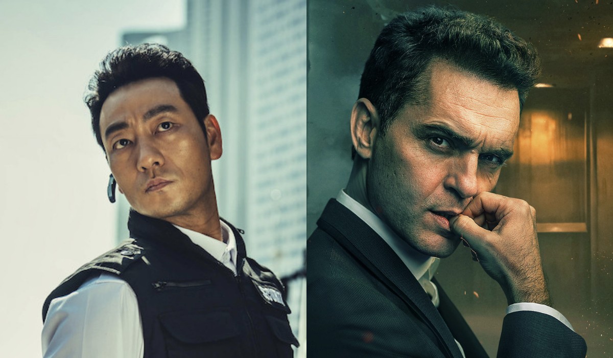 A sinistra: Park Hae-soo in una scena de “La Casa di Carta: Corea”. A destra: Pedro Alonso nella serie originale. Credits: Jung Jaegu/Netflix © 2021