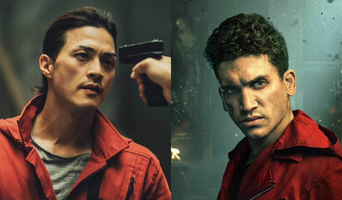 A sinistra: Kim Ji-hun in una scena de “La Casa di Carta: Corea”. A destra: Jaime Lorente nella serie originale. Credits: Jung Jaegu/Netflix © 2021.