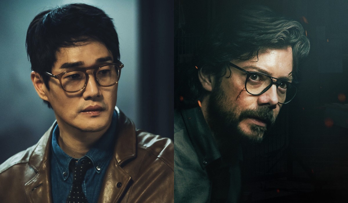 A sinistra: Yoo Ji-tae in una scena de “La Casa di Carta: Corea”. A destra: Álvaro Morte nella serie originale. Credits: Jung Jaegu/Netflix © 2021