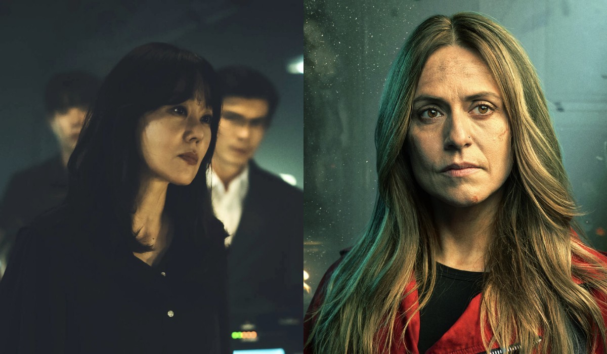 A sinistra: Kim Yunjin in una scena de “La Casa di Carta: Corea”. A destra: Itziar Ituño nella serie originale. Credits: Jung Jaegu/Netflix © 2021.