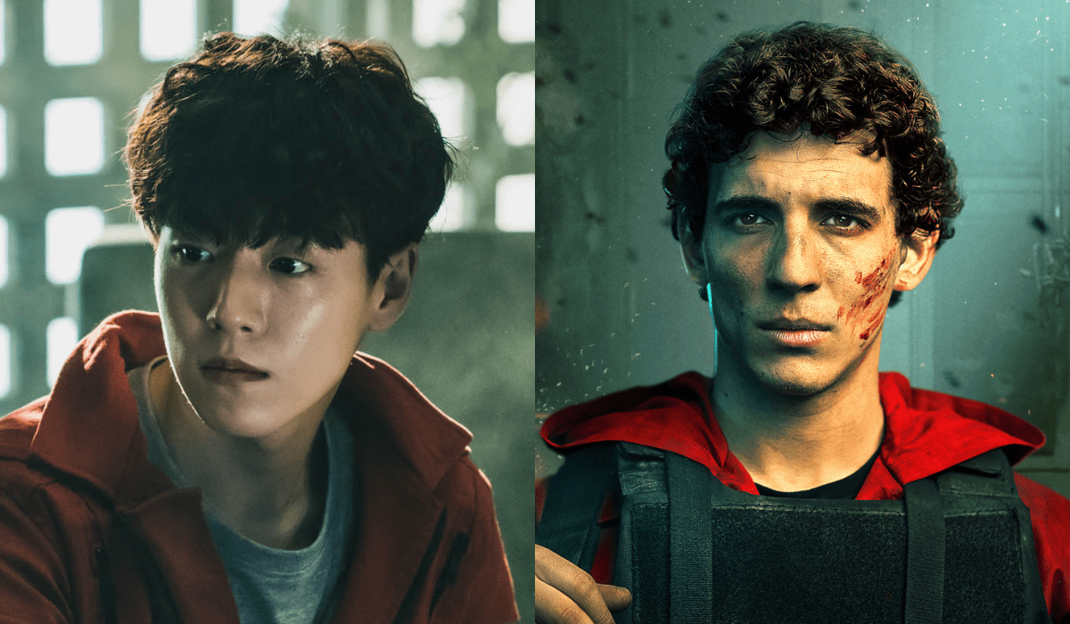 A sinistra: Lee Hyun-woo in una scena de “La Casa di Carta: Corea”. A destra: Miguel Herrán nella serie originale. Credits: Jung Jaegu/Netflix © 2021.