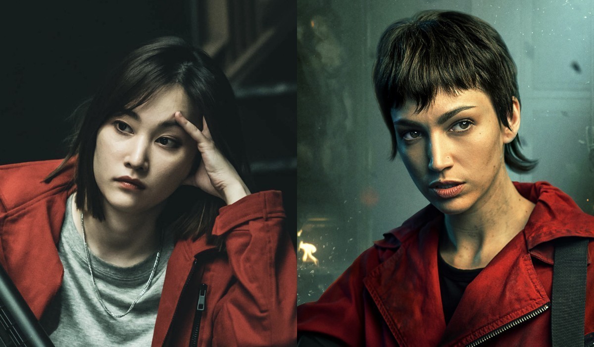 A sinistra: Jun Jong-seo in una scena de “La Casa di Carta: Corea”. A destra: Úrsula Corberó nella serie originale. Credits: Jung Jaegu/Netflix © 2021.
