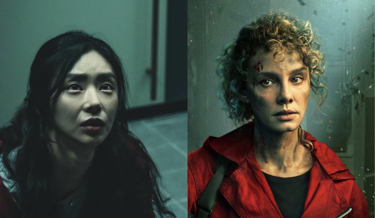 A sinistra: Lee Joo-bin in una scena della serie coreana. A destra: Esther Acebo nella serie originale. Credits: Jung Jaegu/Netflix © 2021.