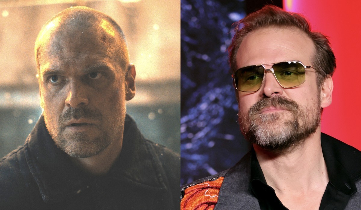A sinistra: Hopper in una scena di “Stranger Things 4”. A destra: David Harbour alla première di “Stranger Things 4”. Credits: Getty Images/Netflix.