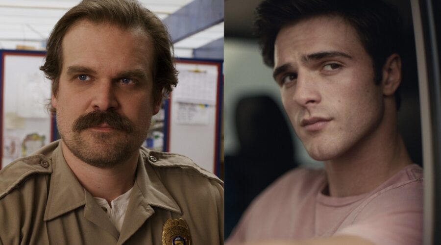 Da sinistra: David Harbour in una scena di “Stranger Things 3”. A destra: Jacob Elordi in una scena di “Euphoria”. Credits: Netflix/HBO/Sky Italia.