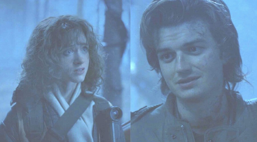 Da sinistra: Nancy e Steve in un fotogramma di “Stranger Things 4”. Credits: Cattura schermo/Netflix.