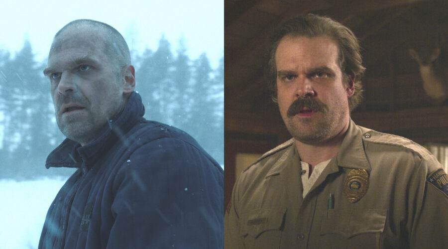A sinistra e a destra: David Harbour interpreta Hopper nella quarta e nella terza stagione di “Stranger Things”. Credits: Courtesy of Netflix.