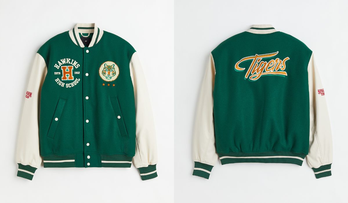 “Stranger Things x H&M”, la varsity jacket del liceo di Hawkins ispirata alla serie tv con dettaglio. Credits: H&M.