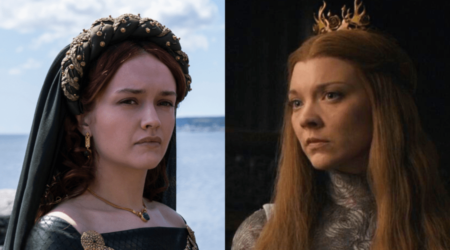 Da sinistra: Alicen Hightower (Olivia Cooke) in una scen di “House of the Dragon”. A destra: Margaery Tyrell (Natalie Dormer) in una scena de “Il Trono di Spade”. Credits: HBO via Sky Italia/Cattura schermo.